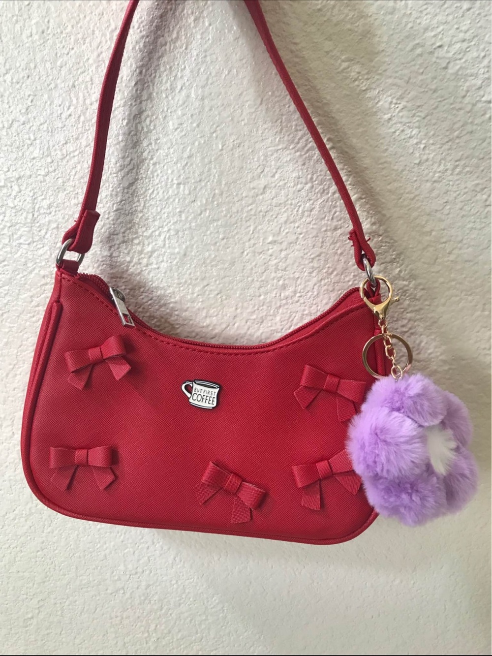 Red Bow Accent Shoulder Bag with Purple Pom Charm - Picture 2 of 2